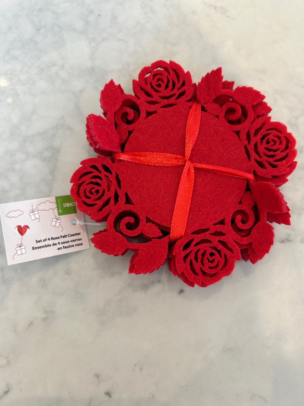 Red Felt Rose Coaster Set - Set of 4